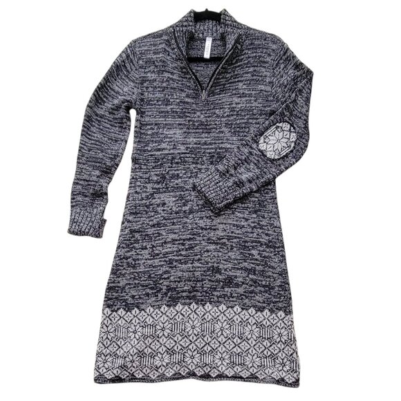 Soybu Nordic Fair Isle Black Gray Sweater Dress with Zip Front and Elbow Patches - Picture 1 of 9